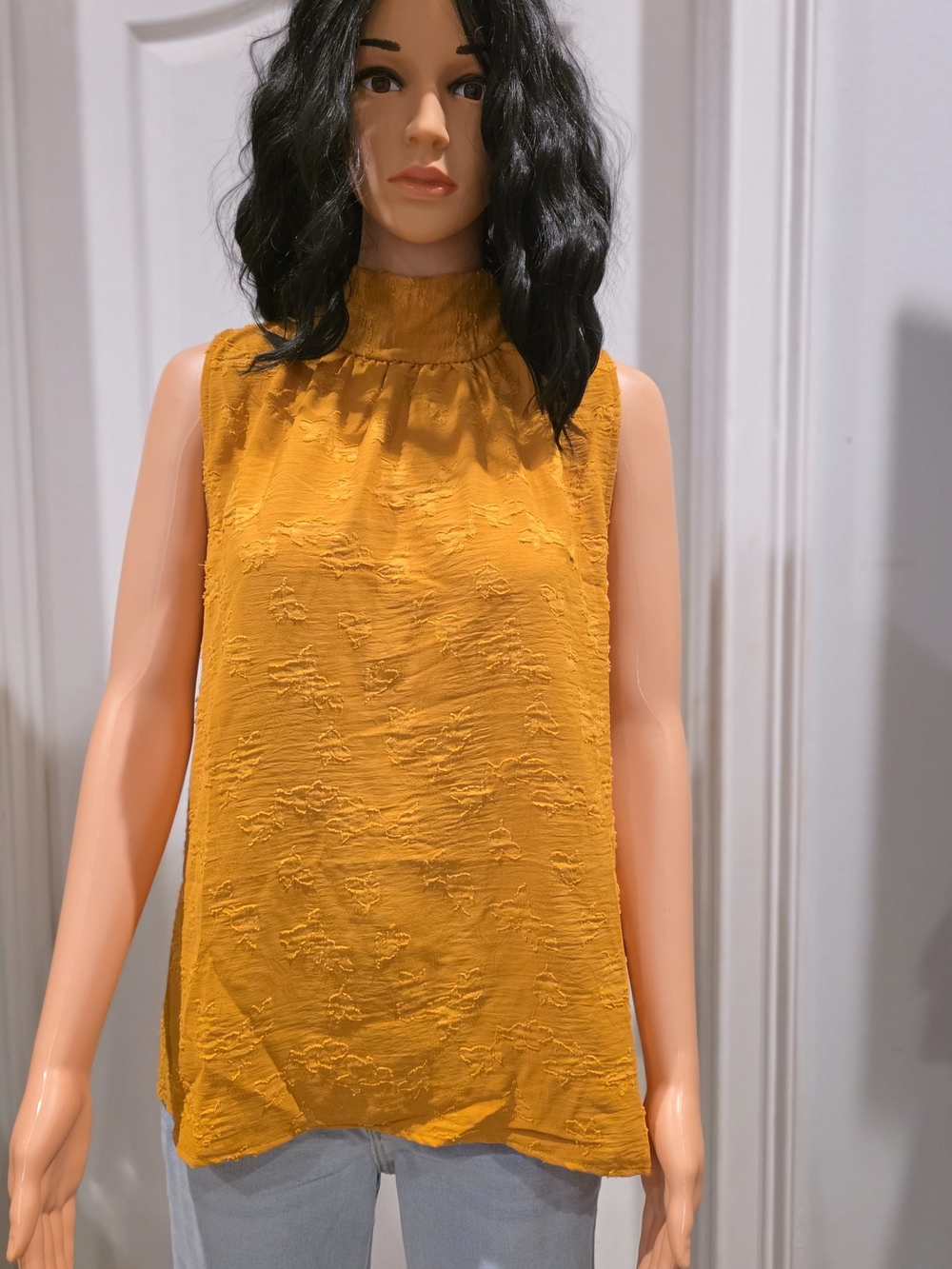 easel Mustard Textured Mock-Neck Sleeveless Blouse